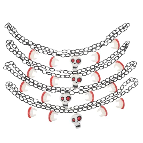 ADOCARN 4-teilige Skelett-Halskette: Realistischer Schädel- und Zahnanhänger mit Metallkette – Halloween-Performance-Accessoire für Bühnenshows, Cosplay, Partygeschenk von ADOCARN