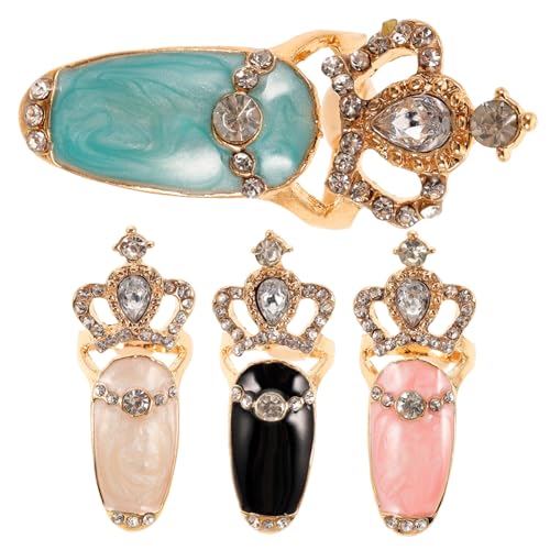 ADOCARN 4stücke Frauen Fingernägel Ring Crown Finger Nagel Ring Nagel Ringe Mit Strasssteinen Verziert Langlebig Und Modisch Für Cosplay-dekoration Und Nail Art von ADOCARN
