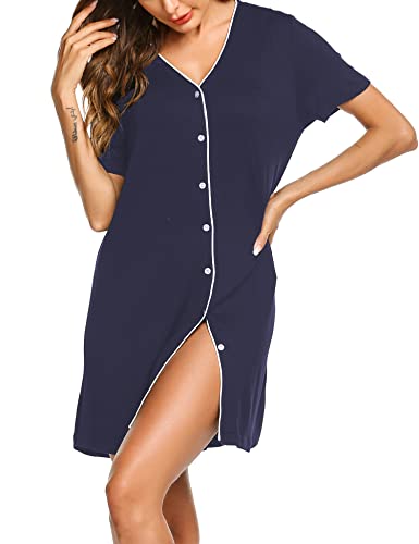 ADOME Damen Nachthemd V-Ausschnitt Nachthemden Sommer Schlafkleid mit Knöpfen Schlafshirt Nachthemd Schwangerschaft Geburt Navy Blau L von ADOME