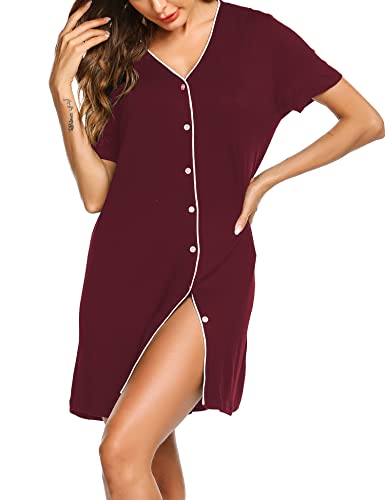 ADOME Damen Nachthemd Kurzarm Nachtkleid Baumwolle Schlafshirt Nachtwäsche Sommer Still Nachthemd Damen Rot XL von ADOME