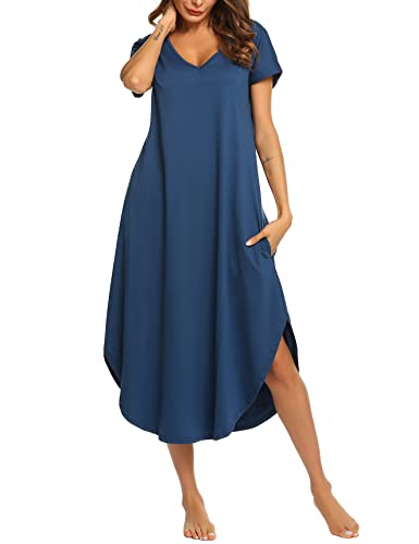 ADOME Nachthemd Damen Baumwolle Nachtwäsche Loungewear Nachtkleid Kurz Schlafhemd Kurze Ärmel Sleepshirt Kurzarm V-Ausschnitt Sleepwear Bequeme Freizeitkleid，Navy Blau，S von ADOME