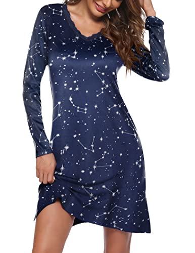 ADOME Damen Nachthemd Langarm Nachthemden Für Damen Sexy Nachtkleid V Ausschnitt Mit Blumenmuster Kuschelig S XXL,Stempelsteuer,XXL von ADOME