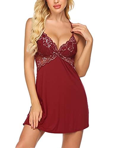 ADOME Sexy Nachtwäsche Damen Negligee Kurz Nachthemd Nachtkleid Unterwäsche Kleid Sleepwear Spitze Lingerie Babydoll Dessous Reizwäsche BH mit Tanga,A-weinrot,L von ADOME