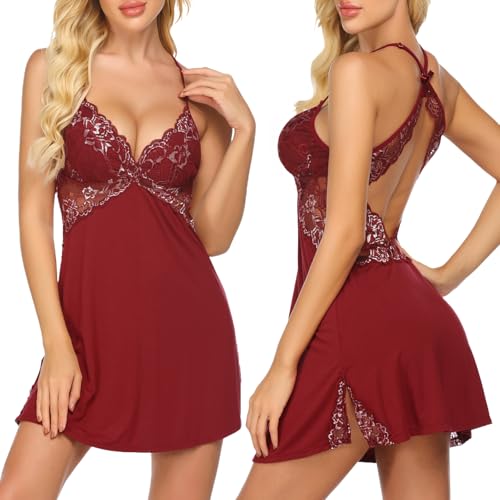 ADOME Sexy Nachtwäsche Damen Negligee Kurz Nachthemd Nachtkleid Unterwäsche Kleid Sleepwear Spitze Lingerie Babydoll Dessous Reizwäsche BH mit Tanga,A-weinrot,L von ADOME