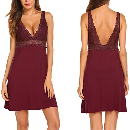 ADOME Damen Nachthemd Sexy Nachtwäsche Spitze Tiefer V-Ausschnitt Nachtkleid Lingerie Dessous Ärmellos Rückenfrei,S,B-weinrot von ADOME