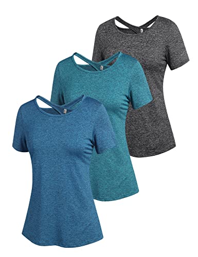 ADOME Sportshirt Damen Funktionsshirt Damen Running Fitness Shirts Sportbekleidung Kurzarm Oberteile Rückenfreies Oberteil Shortsleeve Yoga Top 3er Pack Pat1 XL von ADOME