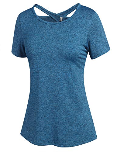 ADOME Sportshirt Damen Kurzarm T-Shirt Funktionsshirt Sport Yoga Shirt Rundhals Laufshirt Rückenfreies Sport Oberteile Backless Top Elastisch Pfauenblau L von ADOME