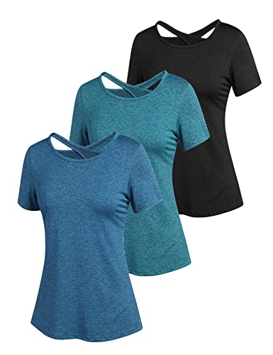 ADOME Sportshirt Damen Kurzarm T-Shirt Funktionsshirt Sport Yoga Shirt Rundhals Laufshirt Rückenfreies Sport Oberteile Backless Top Elastisch 3er Pack Pat2 L von ADOME