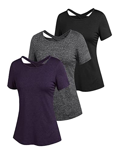 ADOME Sport Shirts für Damen Funktionsshirt Damen Rückenfreies Oberteil Sportshirt Fitness Leichtes Atmungsaktives Activewear Yoga Shirt Damen 3er Pack Pat3 L von ADOME