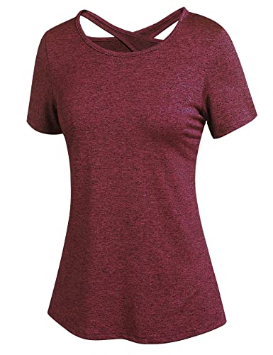 ADOME Sportshirt Damen Kurzarm T-Shirt Funktionsshirt Sport Yoga Shirt Rundhals Laufshirt Rückenfreies Sport Oberteile Backless Top Elastisch Rosarot XXL von ADOME