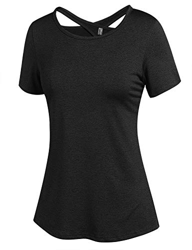 ADOME Sportshirt Damen Funktionsshirt Damen Running Fitness Shirts Sportbekleidung Kurzarm Oberteile Rückenfreies Oberteil Shortsleeve Yoga Top Schwarz L von ADOME