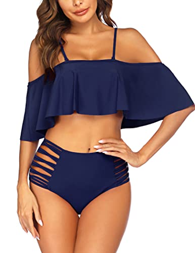 ADOME Damen Zweiteiliger Badeanzug Bauchkontrolle Hohe Taille Bikini Schulterfrei Rüschen Badeanzüge, Marineblau, Small von ADOME