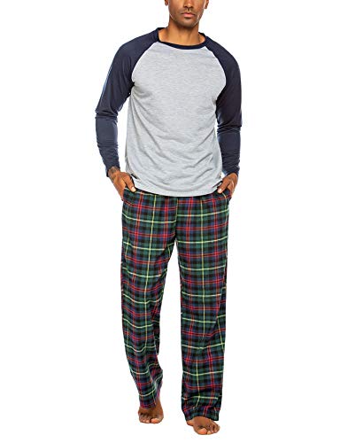 ADOME Schlafanzüge für Herren Lang Pyjama Winter Schlafanzug Kariert Männer Langarm Lange Hose mit Tasche Sleepwear Hausanzug, Dunkelblau, M von ADOME