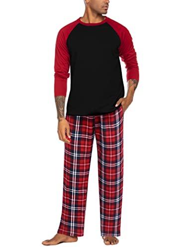 ADOME Herren Schlafanzug Zweiteiliger Lang Pyjama Set Nachtwäsche Kariert Winter Warm Sleepwear Zweiteiler Hausanzug Langarm, A-Rot+Grau, S von ADOME