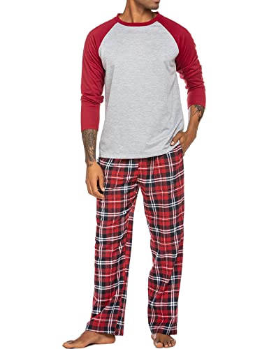 ADOME Herren Schlafanzug Zweiteiliger Lang Pyjama Set Nachtwäsche Langarm Oberteil und Karierte Schlafanzughose Sleepwear Winter Hausanzug, A-Rot+Grau, XL von ADOME