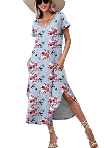 ADOME Nachthemd Damen Kurzarm Sleepwear V-Ausschnitt Schlafshirt Nachtwäsche Sommer Loungewear Nachtkleid Bequeme，Hellblau-Blume，L von ADOME