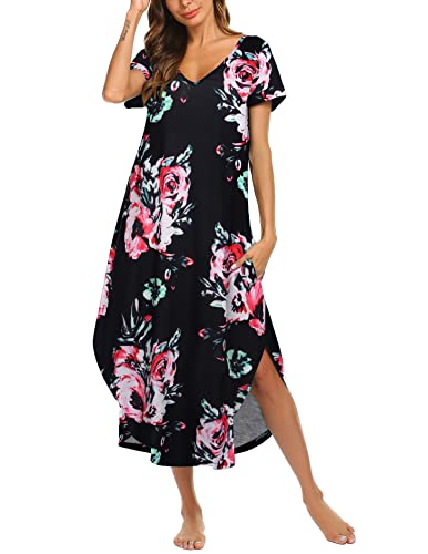 ADOME Damen Nachthemd Kurzarm Nightwear Baumwolle Nachtkleid Lang Schlafshirt T-Shirt Sommer Strandkleid Große Größen mit Taschen，Schwarz-Drucken，M von ADOME