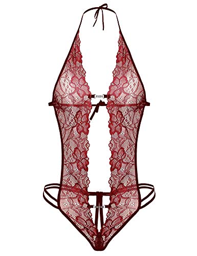 ADOME Sexy Unterwäsche für Frauen Set Tiefer V-Ausschnitt Dessous Neckholder Reizwäsche Reizvolle Lingerie aus Spitze für Damen,Rot，L von ADOME