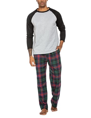 ADOME Schlafanzug Herren Lang Pyjama Herren Nachtwäsche Set Rundhals Langarm Shirt und Pyjamahose Kariert Zweiteilig mit Tasche, Schwarz, L von ADOME
