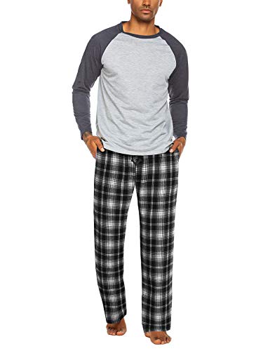 ADOME Schlafanzug Herren Lang Pyjama Rundhals Männer Langarm Oberteil und Karierte Schlafanzughose mit Tasche Zweiteiler Pyjama Set Winter, Grau, XXL von ADOME