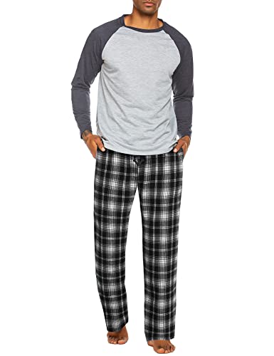 ADOME Herren Schlafanzug Zweiteiliger Lang Pyjama Set Nachtwäsche Langarm Oberteil und Karierte Schlafanzughose Sleepwear Winter Hausanzug, A-Rot+Grau, XL von ADOME