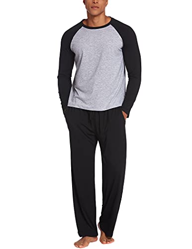 ADOME Schlafanzug Herren Lang Pyjama Rundhals Männer Langarm Oberteil und Karierte Schlafanzughose mit Tasche Zweiteiler Pyjama Set Winter, Y-Grau, XL von ADOME