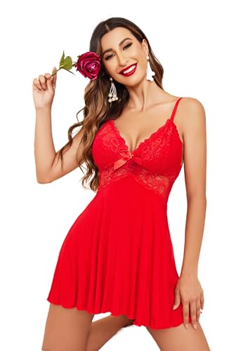 ADOME Sexy Unterwäsche für Frau Negligee Damen Babydoll Nachtwäsche Tiefer V-Ausschnitt Spitze Nachtkleid Dessous Nachthemd Rot L von ADOME