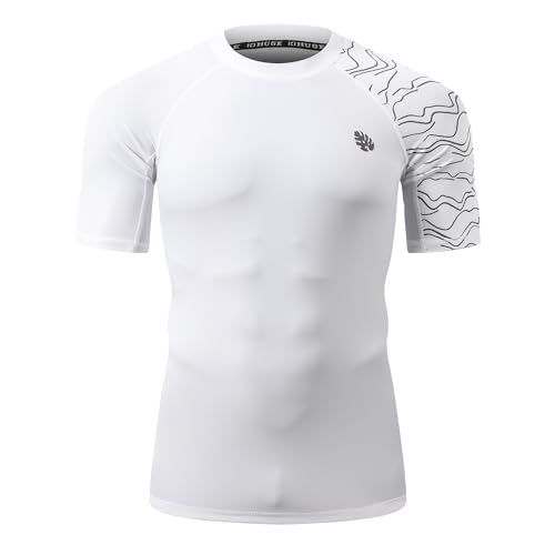 ADOREISM Herren Rashguard Kurzarm Schnell trocknend UPF 50+ Sonnenschutz Kompression Schwimmshirts für Herren, Lines White, XXX-Large von ADOREISM