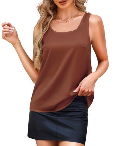 ADORPOP Satin Tank Top Damen - Basic Ärmellose Blusenshirt Rundhals Oberteile Elegant Braun Medium ADORPOP Satin Tank Top Damen - Basic Ärmellose Blusenshirt Rundhals Oberteile Elegant Braun Medium von ADORPOP