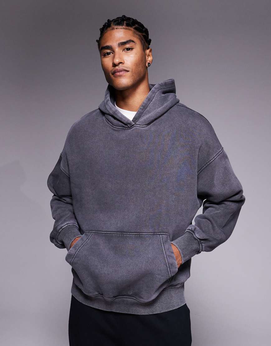 ADPT - Oversize-Kapuzenpullover in verwaschenem Dunkelgrau mit Grafik von ADPT