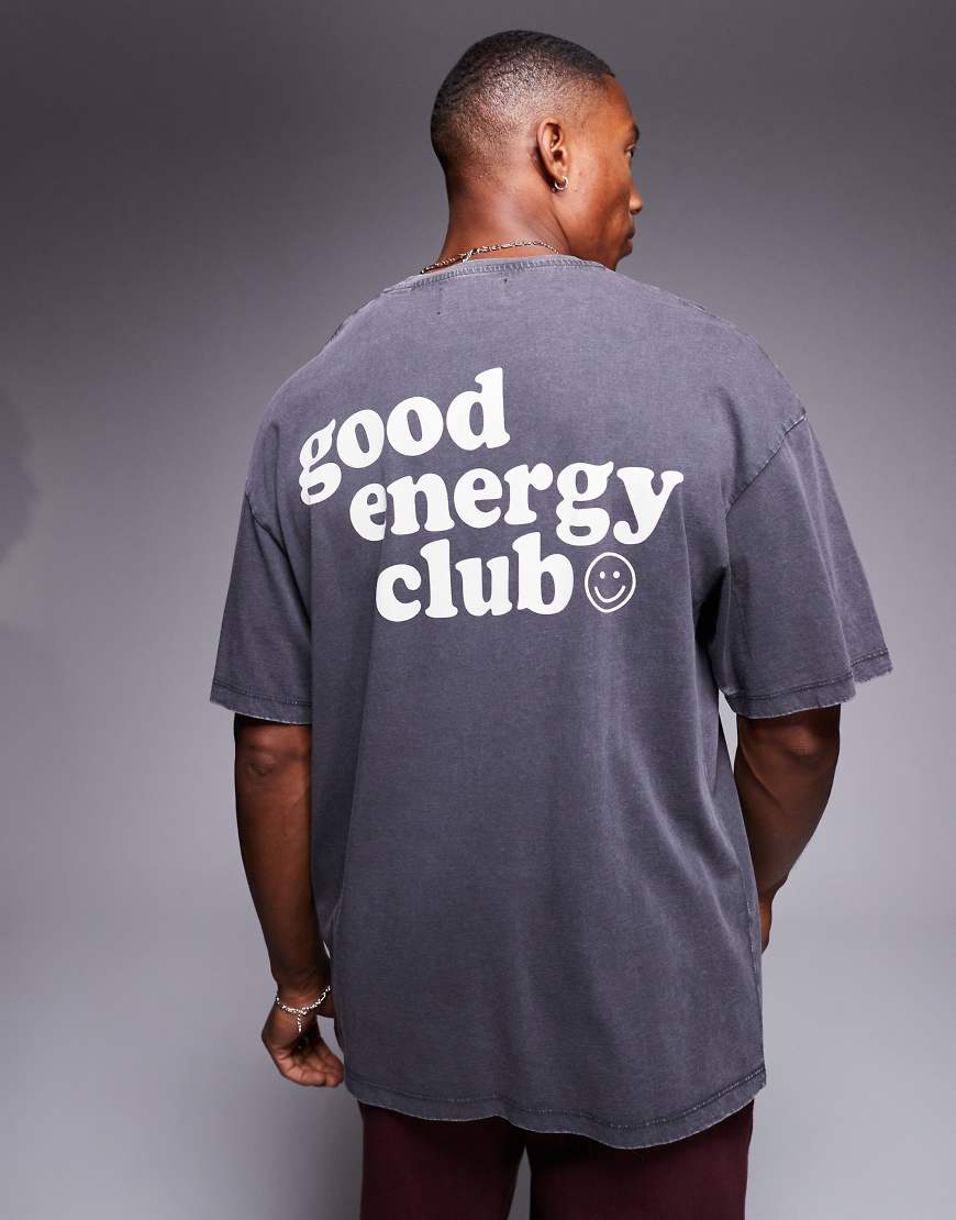 ADPT - Oversize-T-Shirt in verwaschenem Dunkelgrau mit „good energy"-Print auf dem Rücken von ADPT