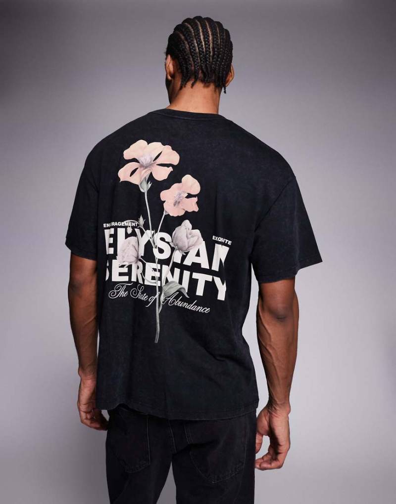 ADPT - Oversize-T-Shirt in verwaschenem Schwarz mit botanischem Grafikprint von ADPT