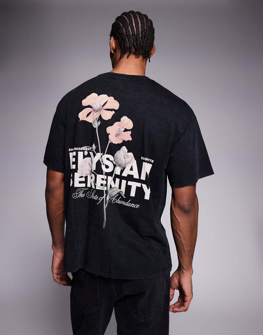 ADPT - Oversize-T-Shirt in verwaschenem Schwarz mit botanischem Grafikprint von ADPT