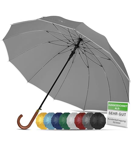 ADRIANO PORCARO® Regenschirm Sturmfest I Ø120cm Schirm I Regenschirm Groß XXL mit Reflektierendem Rand I 12 Streben Stockschirm I inkl. Schirmhülle - Für Herren & Damen I Regenschirm Grau von ADRIANO PORCARO