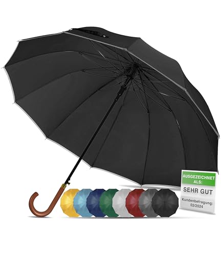 ADRIANO PORCARO® Regenschirm Sturmfest I Ø120cm Schirm I Regenschirm Groß XXL mit Reflektierendem Rand I 12 Streben Stockschirm I inkl. Schirmhülle - Für Herren & Damen I Regenschirm Schwarz von ADRIANO PORCARO