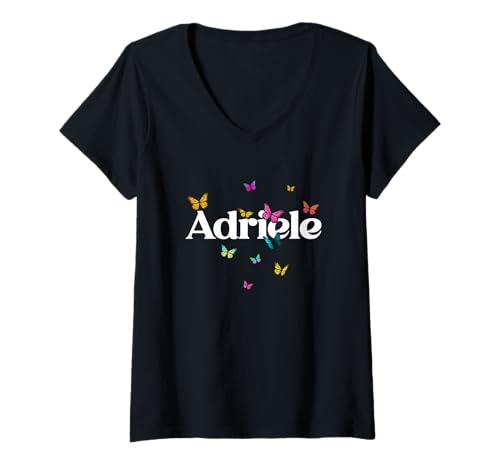 Damen ADRIELE - Schöner Mädchen Name mit bunten Schmetterlingen T-Shirt mit V-Ausschnitt von ADRIELE Tochter Enkel Geburtstag Geschenkideen
