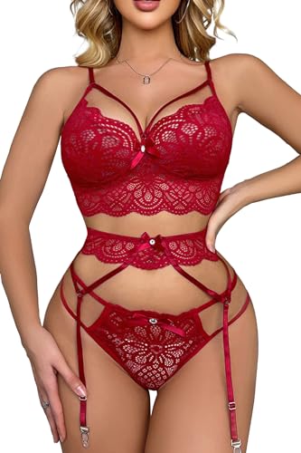 ADSEXY Damen Dessous Set Unterwäsche Frauen Sexy Lingerie Sexy Babydoll Dessous Spitzen-BH & Slips Reizwäsche Push up BH+Slips+Damen Strapsgürtel 3 Stück Set von ADSEXY