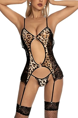 ADSEXY Damen Sexy Leopard Print Dessous Set Front Open Backless Sexy Camisole Dessous mit Tanga Leopard Print Lace Pyjama Babydoll von ADSEXY