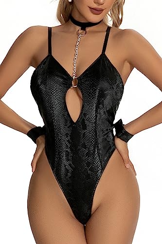 ADSEXY Dessous Damen Sexy Bodysuit Sexy Snake Print Teddy Unterwäsche Schlafanzug Deep V mit Ring Schnalle Bodysuit Babydoll von ADSEXY