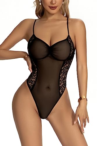 ADSEXY Dessous Damen Sexy Dessous Bodysuit V-Ausschnitt Rückenfrei Body Damen Sexy Spitze Sexy Dessous Verstellbarer Nackenträger Dessous Verdeckter Schritt Knopf Höschen Mini Teddy Babydoll von ADSEXY