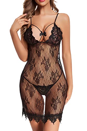 ADSEXY Dessous Damen Sexy Satin-Spitze Unterwäsche Tiefer V-Ausschnitt Nachtwäsche Schleife Dekoration Reizwäsche Babydoll Verstellbarer Schultergurt Lingerie mit Tanga Sleepwear von ADSEXY