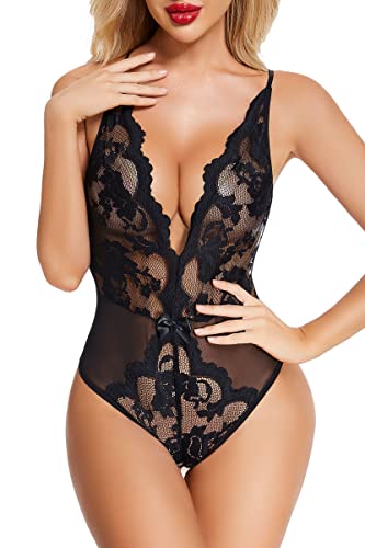 ADSEXY Damen Dessous Sexy Unterwäsche Bodysuit V-Ausschnitt Rückenfrei Body Damen Sexy Spitze Reizwäsche Wimpern Trimmen Reizvolle Strapsen Lingerie Negligee Mini Teddy Babydoll von ADSEXY