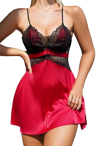 ADSEXY Dessous Damen Sexy Unterwäsche Satin-Spitze Tiefer V-Ausschnitt Nachtwäsche Brustverkleinerung Reizwäsche Babydoll Verstellbarer Schultergurt Lingerie mit Tanga Pyjamas von ADSEXY