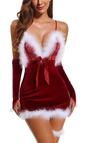 ADSEXY Dessous-Set für Frauen Sexy Santa Babydoll Teddy V Ausschnitt Chemise Nachthemd Negligee Kleid Rot, Rot/Ausflug, einfarbig (Getaway Solids), Small von ADSEXY