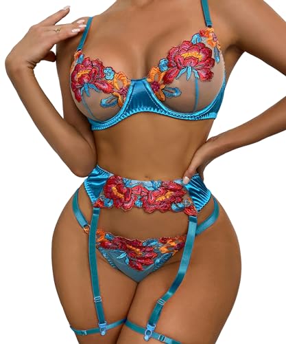 ADSEXY Frauen mit Flora Bügel G-String Strumpfgürtel Sexy BH und Panty Set Teddy Bodysuit 4 Stück Dessous, Hell, blau, Medium von ADSEXY