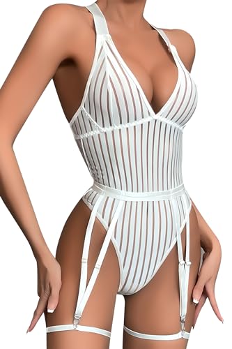 ADSEXY Sexy Damen Dessous Set Erotisch Gestreifte Reizwäsche Bodysuit Halfter Unterwäsche Set Frauen V-Ausschnitt Dessous von ADSEXY