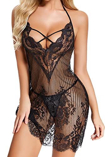 ADSEXY Sexy Dessous Damen Spitze Robe Reizvolle Strapsen Dessous Damen Sexy Unterwäsche Babydoll V-Ausschnitt Chemise mit Tanga Dessous Damen Sexy Reizwäsche von ADSEXY