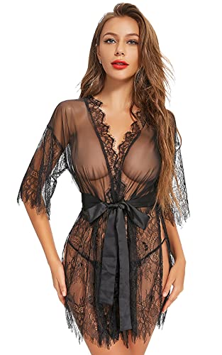 ADSEXY Sexy Dessous Damen Spitze Weiter Ärmel Dessous Damen Sexy Unterwäsche Kleid Outfit mit Tanga und Gürtel Dessous Damen Sexy Reizwäsche Morgenmantel von ADSEXY