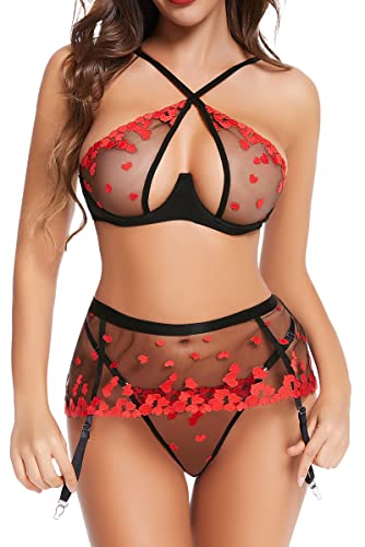 ADSEXY Sexy Dessous Damen Unterwäsche Spitze Strapsen Reizwäsche für Frau Set BH + Panty + Strumpfhalter mit Strümpfen Lingerie für Frauen L von ADSEXY