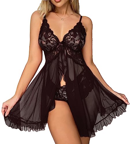 Sexy Dessous Damen Sexy Spitze Tiefes V Negligee Unterwäsche Babydoll Reizwäsche Nachthemd Unregelmäßiger Rock Kleid Set mit Tanga Lingerie Nachtwäsche Sleepwear Morgenmantel von ADSEXY